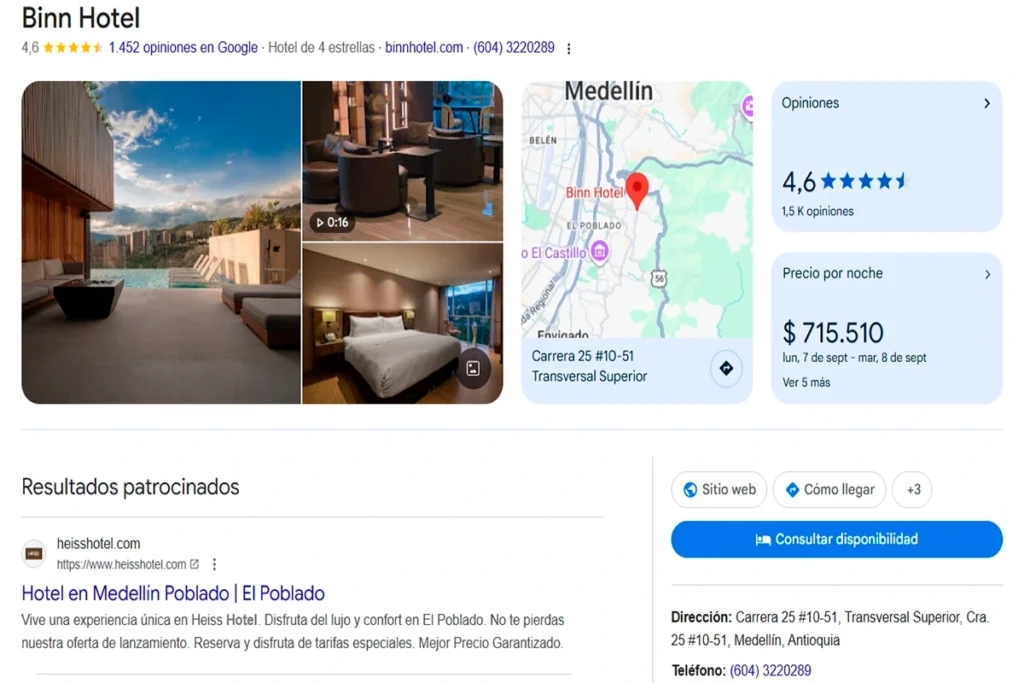 BINN Hotel Google profile showing a 4.6-star rating from guest reviews.