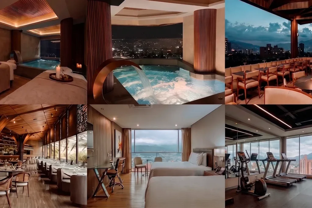 Servicios y amenities de BINN Hotel: piscina, gimnasio y gastronomía en El Poblado, Medellín.