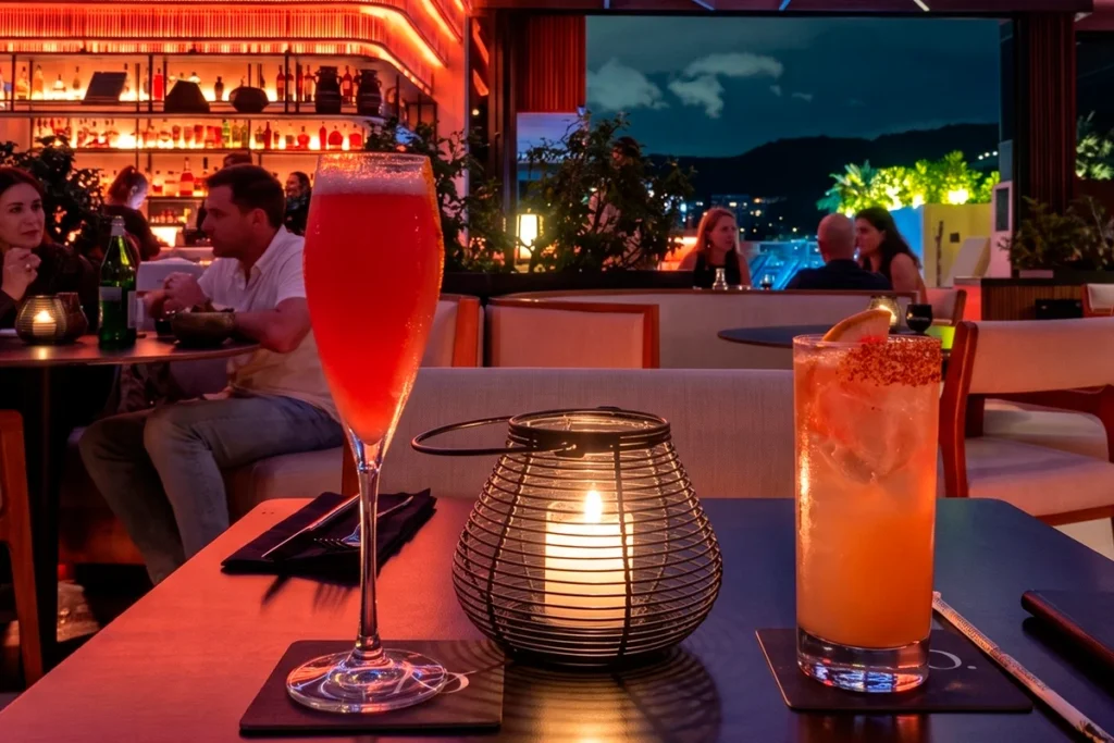 Signature cocktails on the table at Etro Rooftop with a sunset view over Medellin.