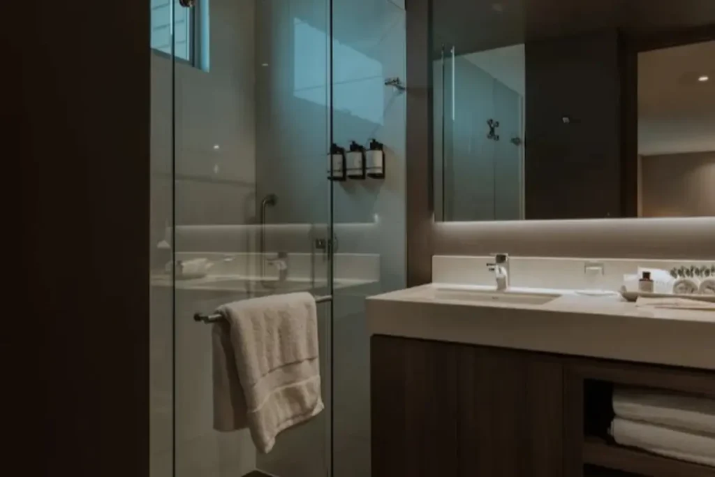 Baño moderno de la Habitación Superior King en Binn Hotel Medellín con ducha de cristal, lavamanos y espejo iluminado