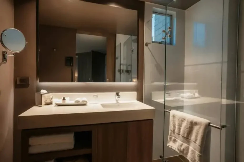 Bathroom with vanity sink, backlit mirror, toiletries, and glass shower at Binn Hotel Medellin