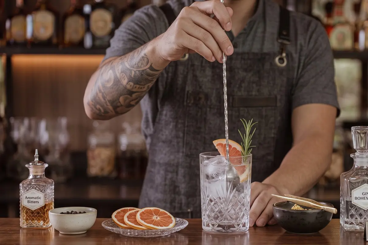 Bartender mixing a signature gin cocktail garnished with a grapefruit slice and rosemary sprig at Etro Rooftop Medellín bar.
