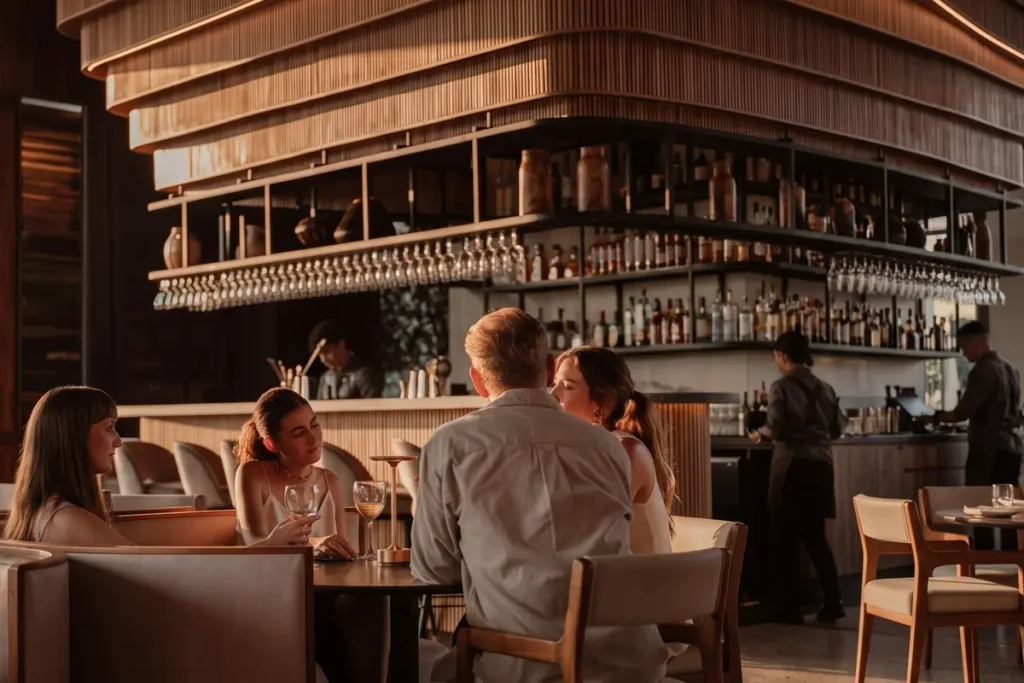 Group of people dining at a table in front of the modern illuminated bar inside Etro Rooftop Medellín.