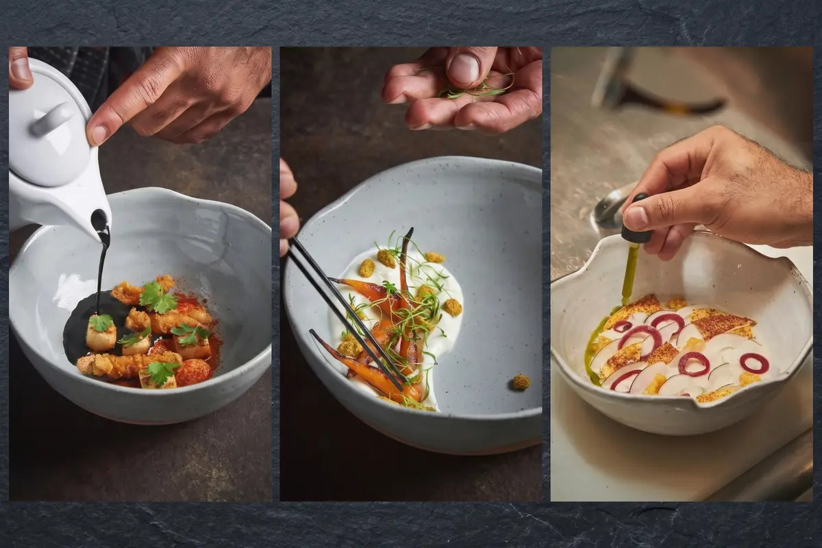 Collage of three images showing a chef plating haute cuisine and fine dining dishes at La Makha restaurant in Medellín.