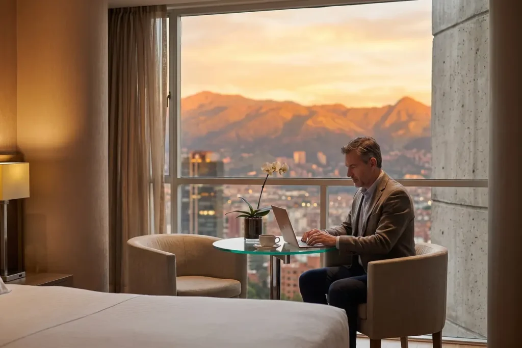 Hombre de negocios trabajando con laptop frente al ventanal de una habitación en Binn Hotel Medellín con vista a las montañas