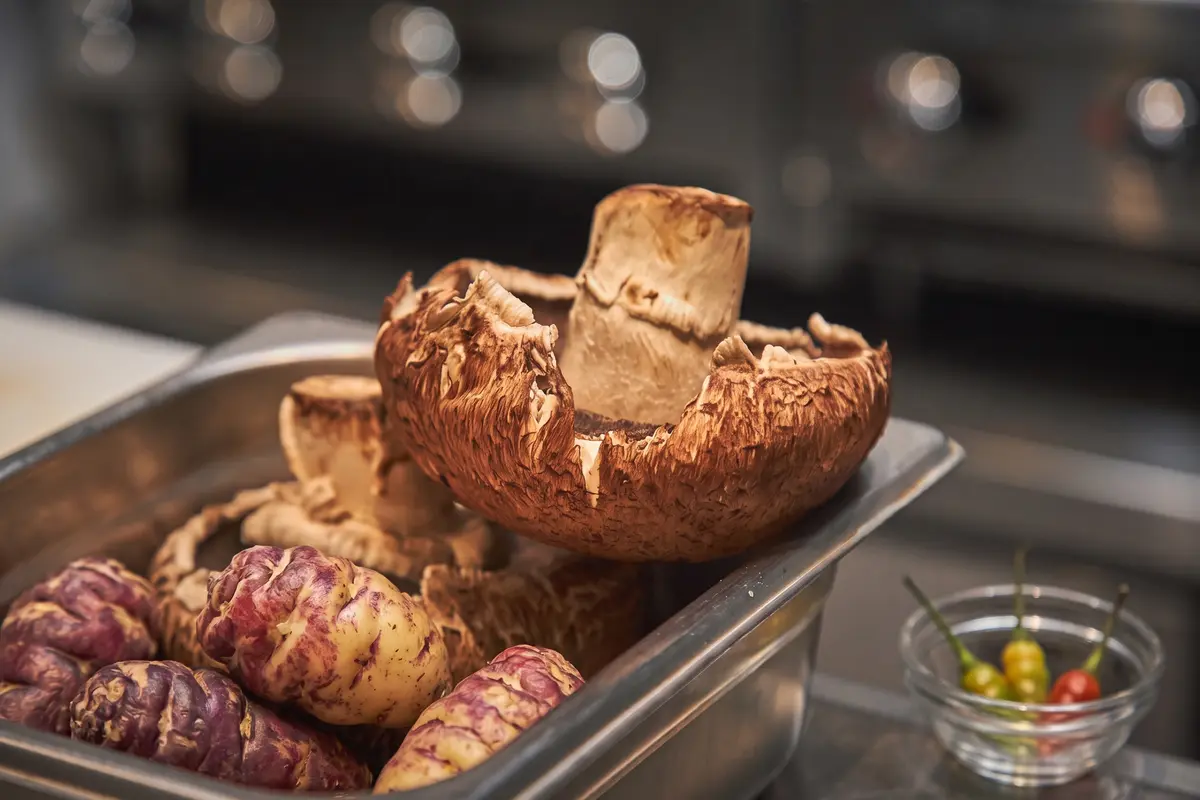 Fresh portobello mushrooms, native Andean tubers, and local chili peppers prepared for farm-to-table cuisine at La Makha restaurant in Medellín.