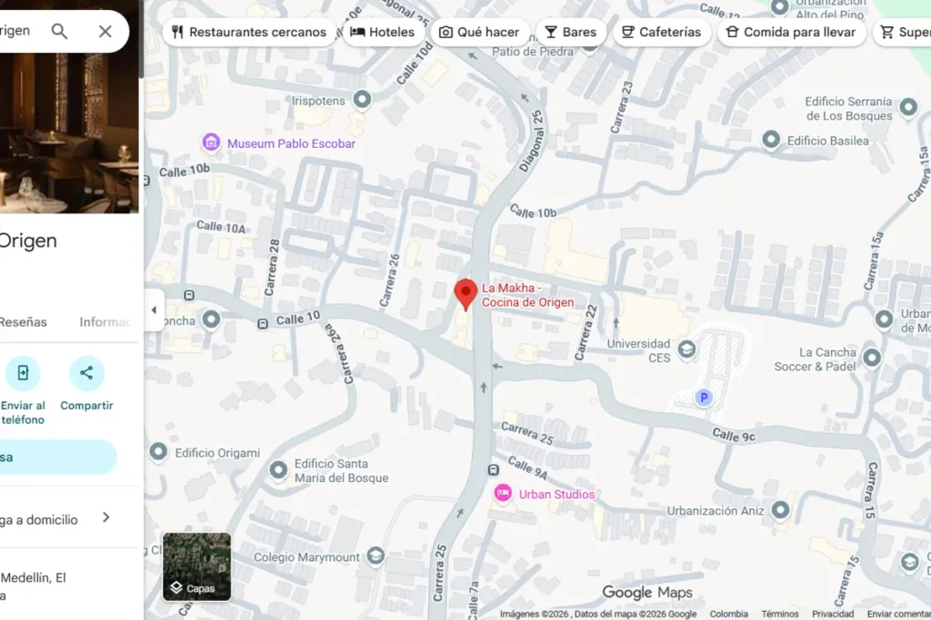 Google Maps mostrando la ubicación exacta del restaurante La Makha de BINN Hotel en Medellín.