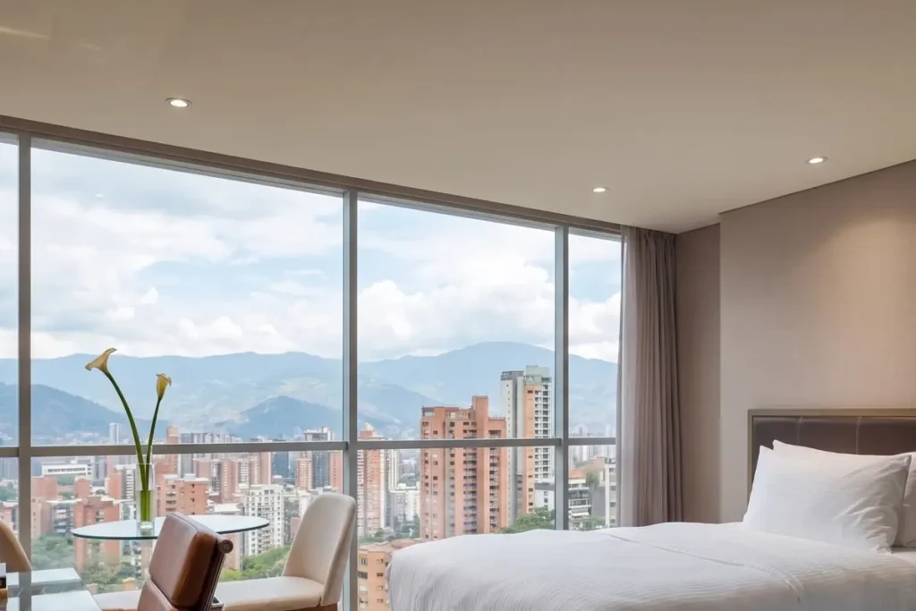 Panoramic city and mountain views through the large window of the Junior Suite Deluxe at Binn Hotel Medellin