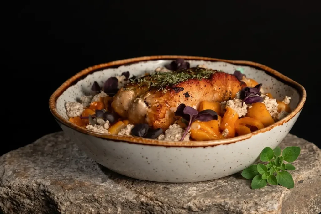 Filete de pescado a la parrilla sobre pasta gourmet con hierbas locales servido en un tazón cerámico sobre piedra en La Makha Medellín.