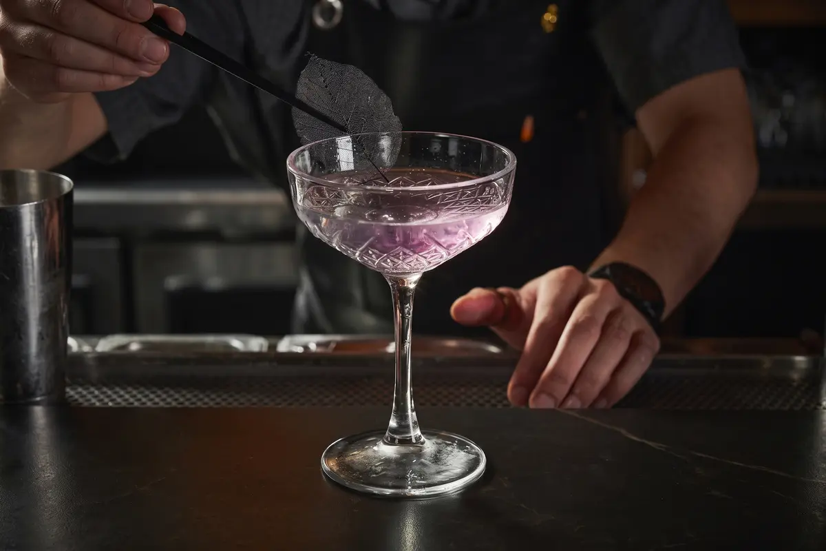 Bartender garnishing a purple signature cocktail with a dried leaf at La Makha bar in Medellín.