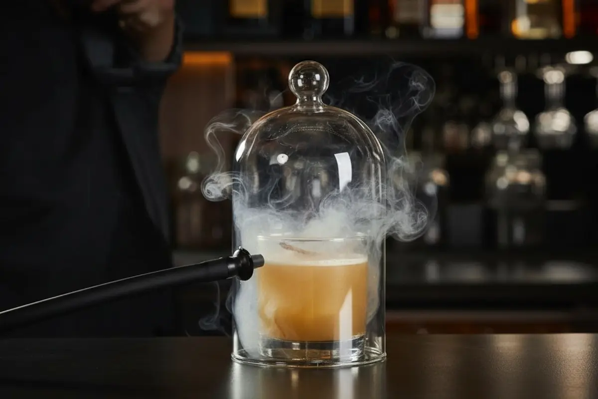 Cóctel de autor servido con infusión de humo bajo campana de vidrio en la barra de Etro Rooftop durante una noche en Medellín.