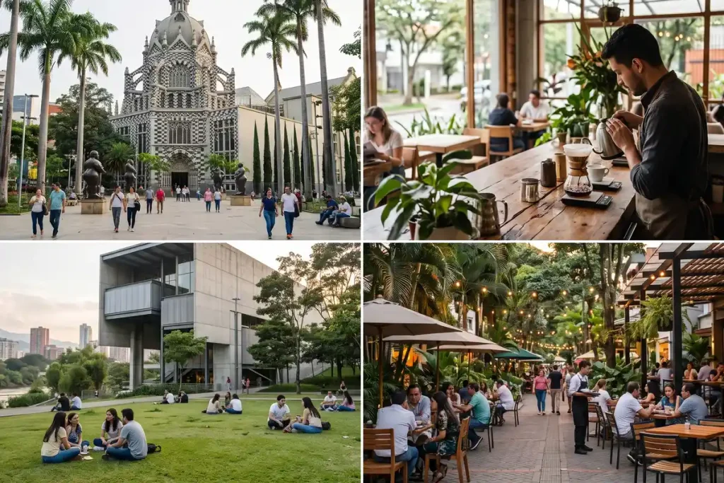 Botero Plaza, barista brewing coffee, MAMM museum park, and outdoor dining terraces across Medellin.