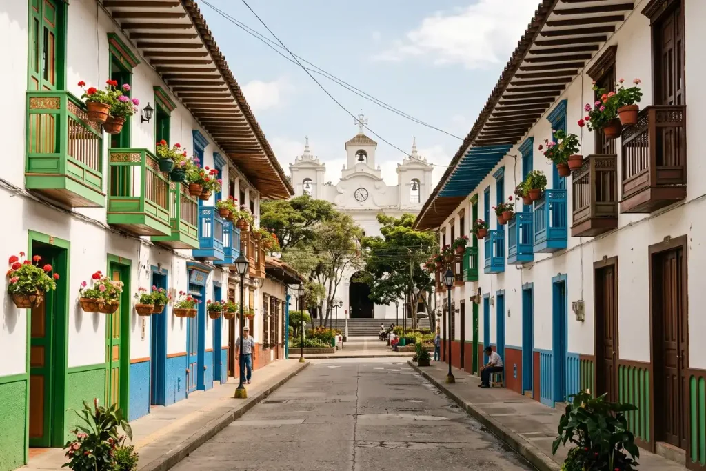 Calle empedrada con balcones de madera tradicionales hacia el templo principal en El Retiro, Antioquia.