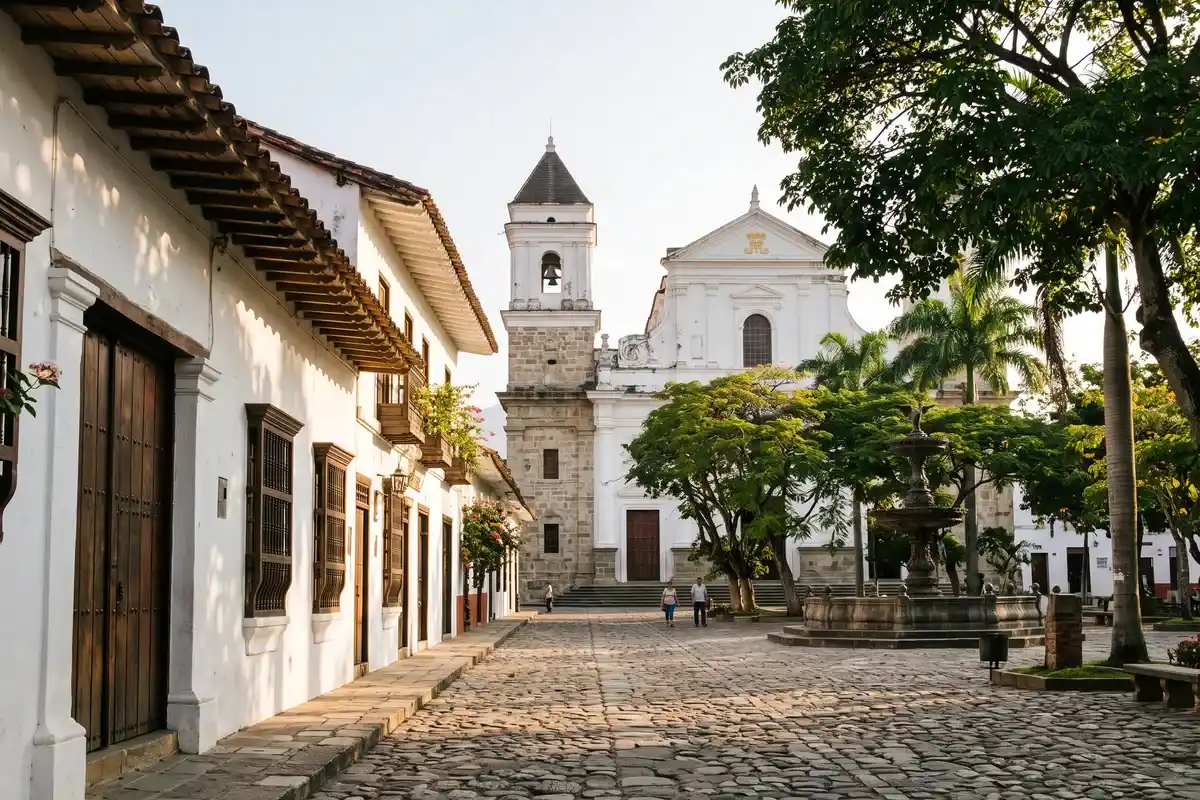 Calle empedrada con casas coloniales blancas y la catedral en Santa Fe de Antioquia desde Medellín.