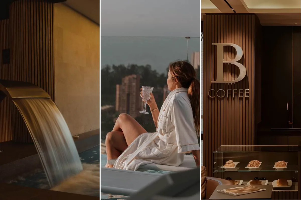 Huésped en bata junto a la piscina de terraza, área de spa con cascada y cafetería en Binn Hotel, Medellín.