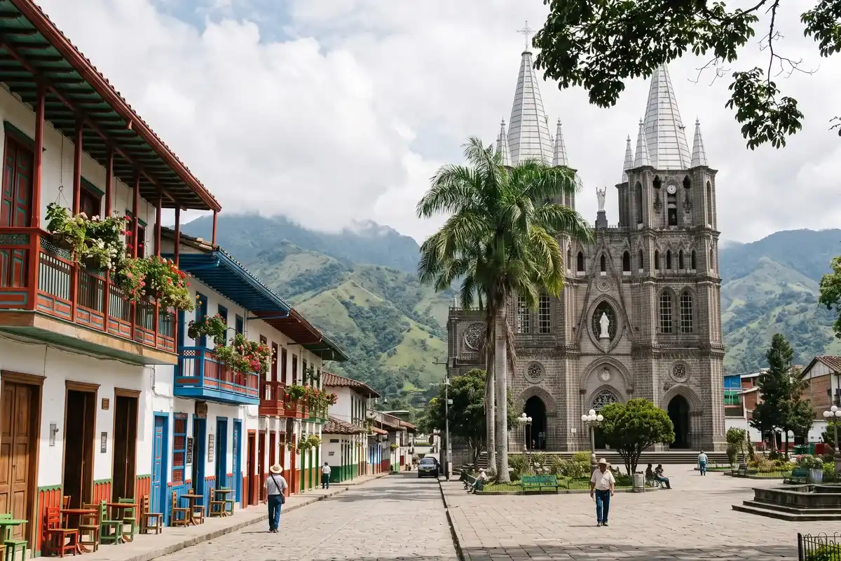 Plaza principal de Jardín con balcones coloniales y basílica, ruta por el suroeste antioqueño desde Medellín.