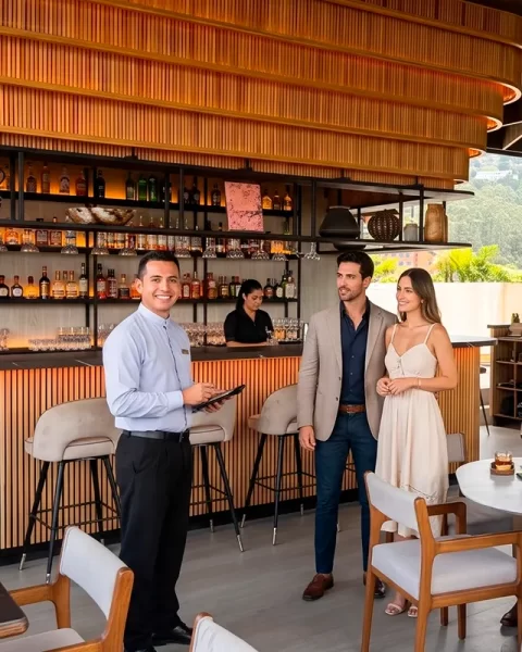 Anfitrión de Etro Rooftop recibiendo a los visitantes junto a la barra en pleno día.
