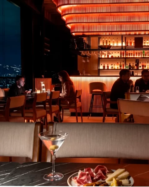 Martini y tabla de quesos junto a la barra iluminada de Etro Rooftop en la noche.