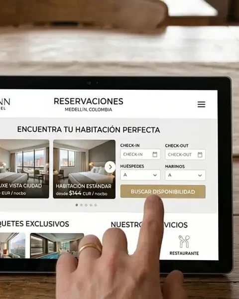 Motor de reservas de BINN Hotel en tablet con paquetes exclusivos y suites disponibles en mayo, Medellín.