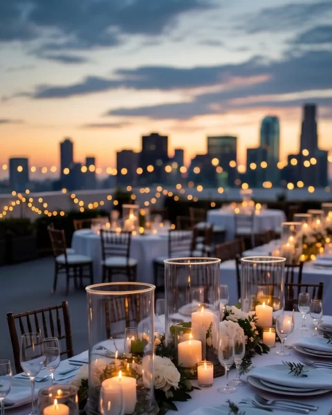 Recepción de boda civil en Etro Rooftop Medellín: mesas decoradas con velas, luces de feria y vista al skyline al atardecer.