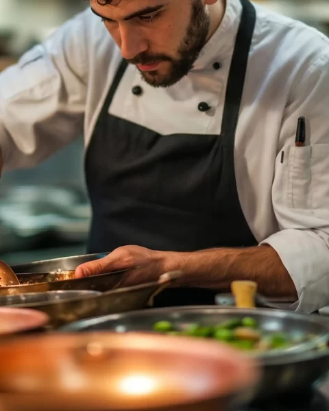 Chef de cocina creativa en el restaurante La Makha preparando menú de autor con ingredientes frescos.