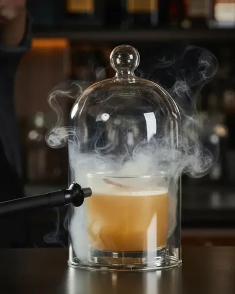 Cóctel de autor servido con infusión de humo bajo campana de vidrio en la barra de Etro Rooftop durante una noche en Medellín.