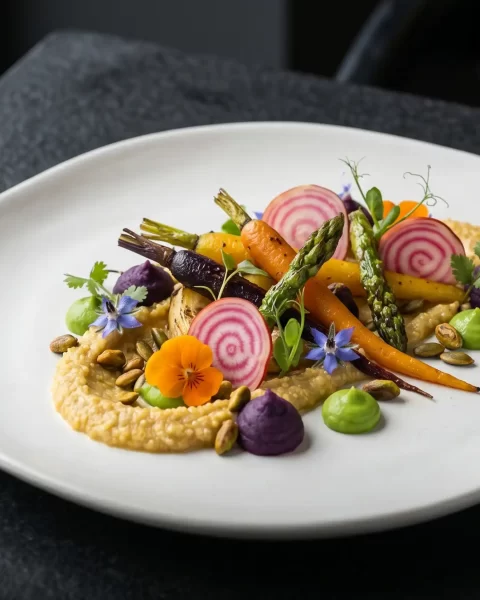 Emplatado gourmet de plato vegano sin gluten con vegetales asados, puré de coliflor y semillas sobre fondo oscuro.