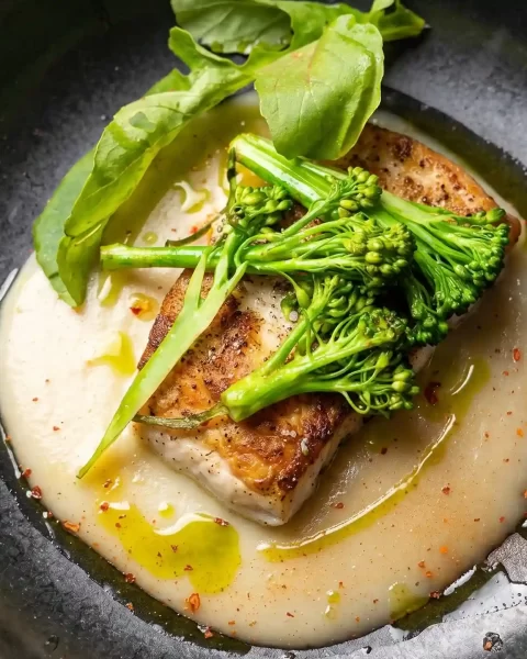 Filete de pescado sellado con crema, broccolini y albahaca en La Makha, restaurante en Medellín