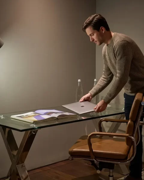 Hombre de negocios colocando una laptop sobre un escritorio de cristal en Binn Hotel Medellín