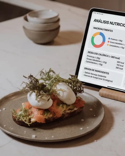 Tostada de salmón y huevo junto a tablet con análisis nutricional por IA, mostrando el impacto de la IA en gastronomía.