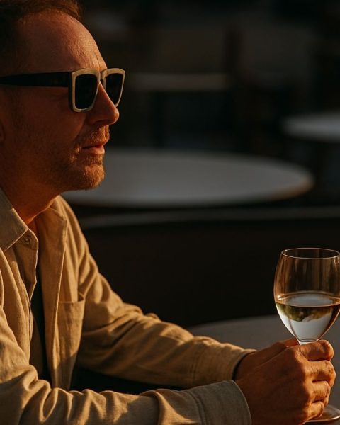 Hombre con gafas de sol en una mesa, sosteniendo una copa de vino, relajándose en un rooftop