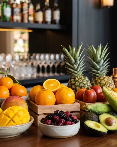 Frutas y verduras del terroir antioqueño sobre la barra de La Makha, restaurante en Medellín