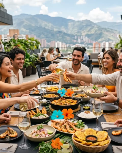 Menú para compartir en Etro Rooftop Medellín: grupo de amigos disfrutando de mariscos, patacones y vino con vista a las montañas.