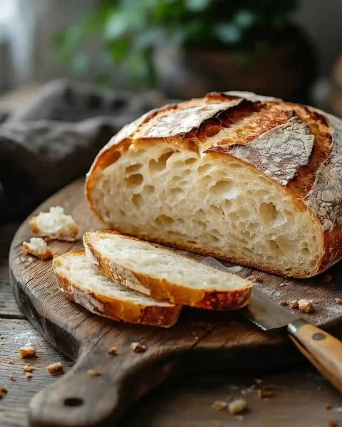 Pan de masa madre en Medellín de corteza crujiente y miga alveolada sobre tabla de madera rústica.