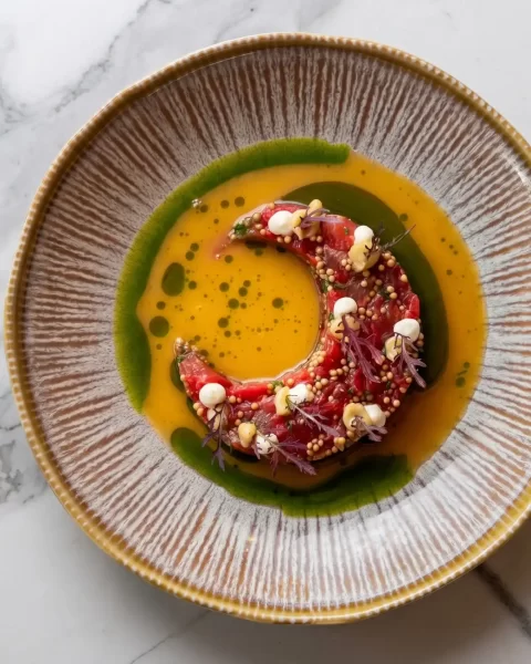 Plato de crudo de pescado en forma de media luna con aceites de colores, parte de la gastronomía colombiana de vanguardia.
