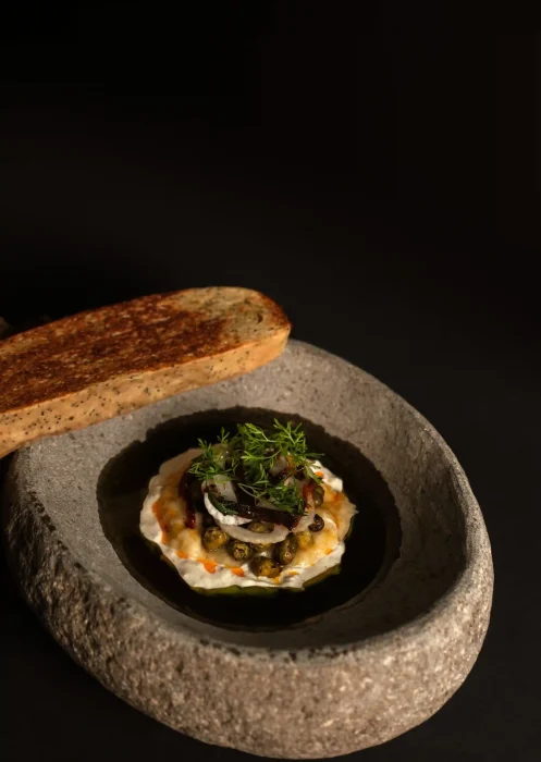 Plato de cocina colombiana gourmet servido en cuenco de piedra con crema, vegetales y pan tostado.