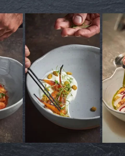 Collage de tres imágenes de un chef realizando el emplatado de alta cocina y fine dining en La Makha Medellín.