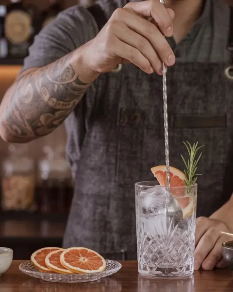 Bartender preparando un cóctel de autor con gin, rodaja de toronja y romero en la barra de Etro Rooftop Medellín.