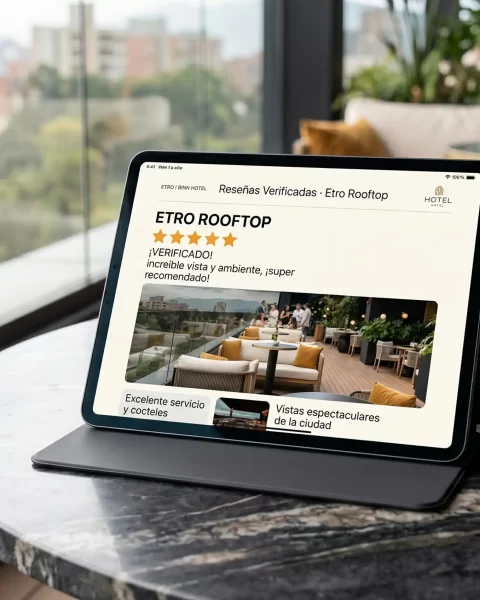 Mejores reseñas rooftops Medellín: opiniones verificadas de clientes sobre la vista y ambiente en Etro Rooftop Binn Hotel.