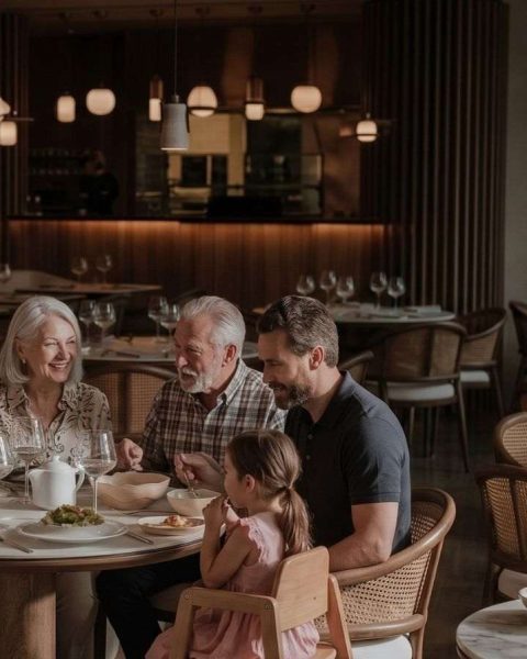 Familia cenando en el restaurante La Makha de Binn Hotel, celebrando el Día de la Madre