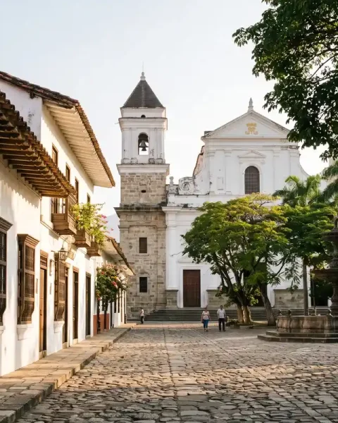 Cobblestone street with white colonial buildings and the cathedral in Santa Fe de Antioquia from Medellin.