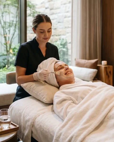 Tratamiento facial para el Día de la Madre en Binn Hotel Medellín: experiencia de spa de lujo con productos orgánicos y vista al jardín.