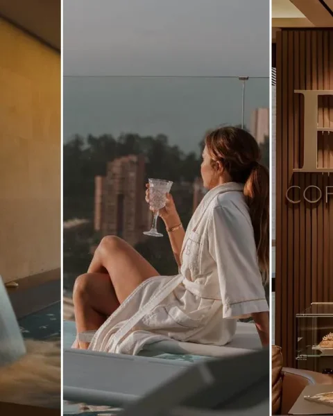 Guest relaxing by the terrace pool, indoor hydrotherapy waterfall and pastry cafe at Binn Hotel, Medellin.