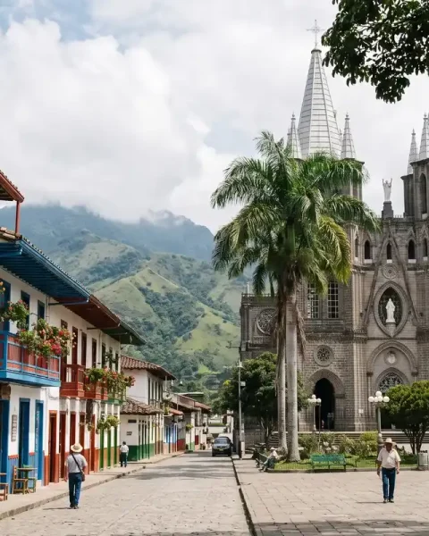 Plaza principal de Jardín con balcones coloniales y basílica, ruta por el suroeste antioqueño desde Medellín.