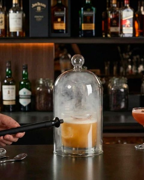Experiencia de coctelería ahumada en La Makha Medellín: Bartender usando una pistola de humo bajo una campana de cristal para infusionar un cóctel artesanal.