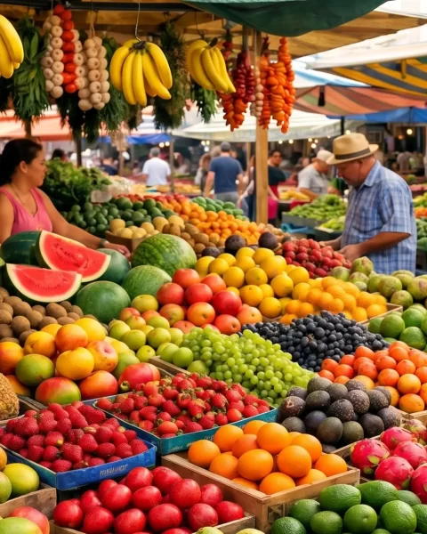 Mercado local con frutas tropicales frescas, base de la gastronomía de Antioquia y sus sabores tradicionales.